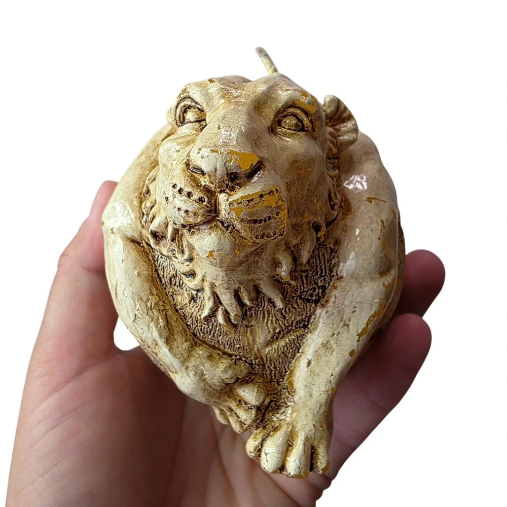 Vintage Sculpted Tiger Head Sphere Candle Cream Tan Textured Safari Decor P4‎
